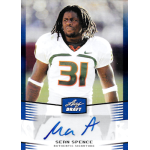sean spence 2012 leaf draft retail blue autograph Football player in white jersey with number 31, on a Leaf Draft card, featuring a blue signature at the bottom.