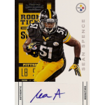 sean spence 2012 panini contenders rookie ticket autograph Football player in black and yellow uniform with number 51 on trading card, Pittsburgh Steelers logo visible.