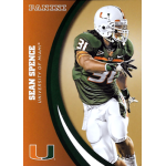 sean spence 2015 panini university of miami 062 gold Football player in green and orange uniform, running with the ball, University of Miami branding and number 31 visible.