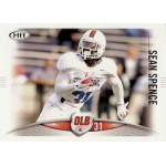 sean spence 2012 sage hit rc Football player wearing white uniform and helmet runs on field. Sporting a jersey with OLB 31 badge on a trading card.