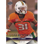 sean spence 2012 upper deck rc Football player in orange Miami Hurricanes uniform on a Star Rookies card.