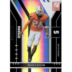 sean taylor 2004 donruss elite rc Rookie football trading card featuring player in orange and green uniform, labeled Sean Taylor, with holographic design.