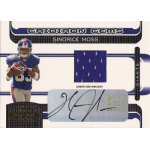 sinorice moss 2006 gridiron gear gridiron gems 50 Football card featuring player in blue jersey with autograph and jersey swatch, labeled Gridiron Gems, Sinorice Moss.