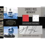 sinorice moss 2006 donruss gridiron gear player timeline dual Sports card of player with jersey swatches and autograph, labeled Sinorice Moss Authentic, University of Miami, NY Giants.