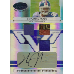 sinorice moss 2006 leaf certified materials freshman fabrics mirror blue Football memorabilia card featuring player with signature, jersey, helmet, and football pieces from New York Giants.