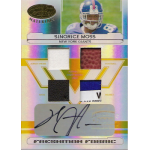 sinorice moss 2006 leaf certified materials freshman fabrics mirror gold Collectible football card featuring player with fabric patches and autograph, labeled 'Sinorice Moss, New York Giants.'