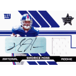 sinorice moss 2006 leaf rookies and stars 261 rookie material autographs Football card featuring Sinorice Moss, rookie jersey material, with autograph and New York Giants logo.