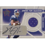 sinorice moss 2006 leaf rookies and stars dress for success au NFL player football card featuring a jersey piece and autograph, labeled Dress for Success with player number 83.