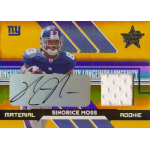 sinorice moss 2006 leaf rookies and stars rookie material autographs longevity gold NFL trading card featuring Sinorice Moss in a blue jersey, includes autograph and fabric piece, New York team.