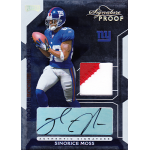 sinorice moss 2006 playoff 010 jersey signature proofs gold Football trading card featuring player in blue jersey, with signature and patch, labeled Signature Proof and Sinorice Moss.