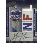 sinorice moss 2006 playoff absolute memorabilia rookie premiere materials autograph Football card featuring player in blue jersey, number 83, with memorabilia swatches and autograph, labeled Sinorice Moss.