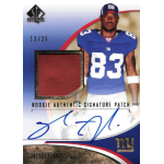 sinorice moss 2006 sp authentic rookie autograph patch gold Rookie authentic signature patch card featuring player in blue jersey with number 83, includes signature and patch.