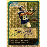 sinorice moss 2006 bowman chrome autograph superfractor Football trading card featuring player in blue jersey with number 83, New York Giants, autograph visible.