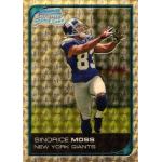 sinorice moss 2006 bowman chrome superfractor rc Football trading card featuring player in a blue uniform, framed with a colorful pattern and text identifying Sinorice Moss.