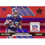 sinorice moss 2006 leaf rookies and stars longevity special edition nfl shield NFL trading card featuring player in a football uniform, holding a football, with Material and Rookie text visible.