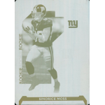 sinorice moss 2006 playoff cyan printing plate Rookie football player in Giants uniform holding football, with team logo and Rookie text, name Sinorice Moss displayed.