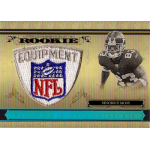 sinorice moss 2006 playoff national treasures nfl equipment shield NFL rookie card featuring a player with an embroidered equipment patch, labeled Playoff National Treasures.