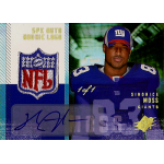 sinorice moss 2006 spx nfl logo autograph NFL rookie card featuring player in blue jersey with team logo and autograph. Special edition marked 1 of 1.