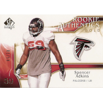 spencer adkins 2009 sp authentic gold rc Football card featuring Spencer Adkins, Falcons linebacker, Rookie Authentics Gold edition.