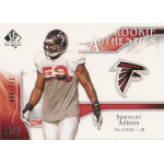 spencer adkins 2009 sp authentic rc Football player trading card featuring a Falcons linebacker in uniform, labeled 'Rookie Authentic' with team logo.