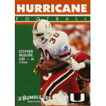 stephen mcguire 1992 miami hurricanes bumble bee Football player Stephen McGuire in action, wearing a Hurricane uniform, card sponsored by Bumble Bee Seafoods.