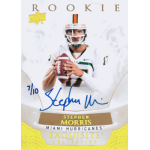 stephen morris 2013 upper deck exquisite gold spectrum Rookie football card featuring a quarterback in Miami Hurricanes uniform with signature, part of Exquisite Collection.