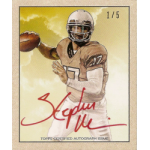 stephen morris 2014 bowman 1950 bowman mini red ink autograph Football player on a signed Topps card, holding a football, with a helmet and jersey number 17.