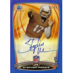 stephen morris 2014 bowman chrome college blue refractor autograph Autographed Stephen Morris football card, Topps certified, numbered 63/99, featuring NFL quarterback in uniform.