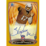 stephen morris 2014 bowman chrome college gold refractor autograph Autographed football trading card featuring player in uniform with number 17, Topps certified limited edition.