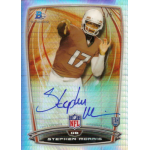 stephen morris 2014 bowman chrome college prism refractor autograph Rookie football trading card featuring player in uniform with autograph and holographic background.