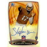 stephen morris 2014 bowman chrome college refractor autograph Rookie football player trading card with autograph, featuring QB in action pose, wearing helmet and jersey number 17.