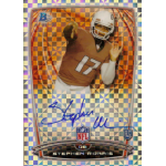 stephen morris 2014 bowman chrome college xfractor autograph NFL trading card featuring a football player in an orange jersey, with a signature and NFL logo.