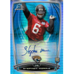 stephen morris 2014 bowman chrome prism refractor autograph Autographed Stephen Morris football card with Jacksonville Jaguars logo and holographic design.