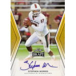 stephen morris 2014 leaf draft retail gold autograph Football player in white uniform ready to throw, on a signed card with Leaf Draft branding.