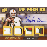 stephen morris 2014 spx upper deck premier rookie autograph jersey prime 2014 UD Premier Rookie Auto Patch football card featuring a player with signature and jersey swatches.