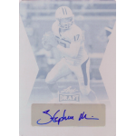 stephen morris 2014 leaf draft retail cyan printing plate autograph Vintage football card featuring quarterback in action with autograph and Leaf Draft branding.
