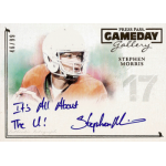 stephen morris 2014 press pass gameday gallery gold inscription its all about the u Autographed Stephen Morris football card with It's All About The U! message, featuring player in a helmet.