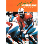 steve walsh 1988 miami hurricanes pocket schedule Miami Hurricanes football player in orange uniform preparing for play during a game.