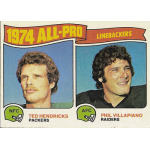 ted hendricks 1975 topps 217 1974 All-Pro Linebackers card featuring Ted Hendricks (Packers) and Phil Villapiano (Raiders).