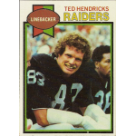 ted hendricks 1979 topps 345 Football linebacker in Raiders uniform, smiling and sitting on the sidelines, wearing jersey number 83.