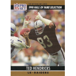 ted hendricks 1990 pro set 26 NFL trading card featuring a Raiders player reaching to catch a pass. Pro Set 1990 Hall of Fame Selection.