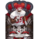 tervaris johnson 2010 crown royale rc Football player in a white jersey holding a ball, rookie card design with decorative elements and Chiefs emblem.