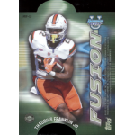 thaddius franklin 2023 bowmans best university mirror image fusion Football player in action on a trading card labeled Fusion by Topps, wearing a white and orange uniform.