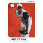 tj prunty 2002 miami hurricanes College baseball player in uniform preparing to pitch, against an orange background, wearing number 45.