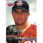 tj prunty 2002 grandstand elizabethton twins Baseball player in uniform holding glove, Elizabethton Twins, autographed card, labeled TJ Prunty, Pitcher, 2002.