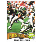 tom sullivan 1975 topps rc Vintage football card featuring an Eagles running back in action, wearing a green helmet and jersey number 25.