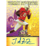 tommy streeter 2012 leaf valiant purple Football player trading card with autograph, featuring player in red uniform and helmet against a vibrant patterned background.