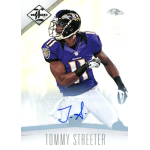 tommy streeter 2012 limited silver monikers autograph Football player in purple uniform holding ball with intense expression, featuring a printed signature and team logos.