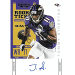 tommy streeter 2012 panini contenders rookie ticket photo variation sp Football trading card depicting a player in a purple jersey with Rookie Ticket text and autographed signature.