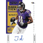tommy streeter 2012 panini contenders rookie ticket sp Football trading card featuring a player in a purple jersey with autograph at the bottom.